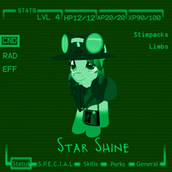 Size: 468x468 | Tagged: safe, artist:fillycaroline, oc, oc only, oc:star shine, pony, fallout equestria, clothes, female, foal, pipboy, second life, solo