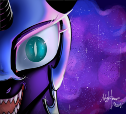 Size: 2200x2000 | Tagged: safe, artist:renokim, nightmare moon, pony, close-up, looking at you, open mouth, solo