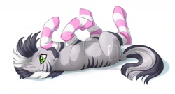 Size: 1280x689 | Tagged: safe, artist:jay kuro, oc, oc only, oc:zebra north, zebra, clothes, looking at you, lying, lying down, male, on back, pink socks, smiling, socks, solo, stallion, striped socks