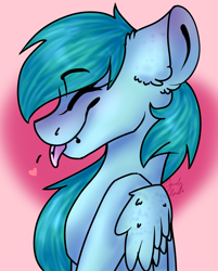 Size: 1965x2448 | Tagged: safe, artist:pinkcloudhugger, oc, oc only, oc:candy cloud, pony, :p, abstract background, bust, ear fluff, eyes closed, heart, profile, solo, tongue out