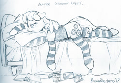 Size: 800x551 | Tagged: safe, artist:brianblackberry, cheerilee, earth pony, pony, bed, book, clothes, female, floppy ears, food, ice cream, mare, monochrome, pillow, prone, sad, sketch, socks, solo, striped socks