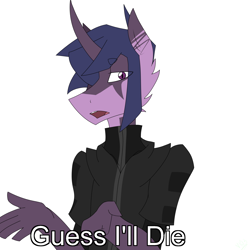 Size: 1688x1688 | Tagged: safe, artist:moonakart13, artist:moonaknight13, twilight sparkle, oc, oc:twilight night, anthro, clothes, coat markings, guess i'll die, jacket, leather jacket, meme, solo, text