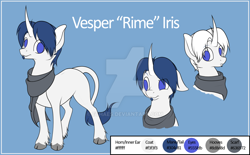 Size: 1024x634 | Tagged: safe, artist:ethaes, oc, oc only, oc:vesper iris, classical unicorn, pony, unicorn, them's fightin' herds, blue hair, clothes, cloven hooves, community related, curved horn, leonine tail, reference sheet, scarf, soul patch, tfh oc, unshorn fetlocks, watermark, white hair