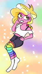 Size: 845x1489 | Tagged: safe, artist:berrypunchrules, taffy shade, equestria girls, background human, clothes, missing shoes, rainbow socks, socks, solo, striped socks