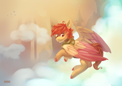 Size: 3507x2480 | Tagged: safe, artist:domidelance, oc, oc only, pony, clothes, cloud, flying, scarf, solo