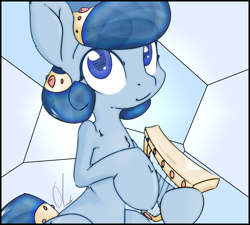 Size: 3036x2737 | Tagged: safe, artist:ando, oc, oc only, oc:heart song, pony, blue, blue eyes, commission, cute, looking at you, lyre, music, musical instrument, sitting