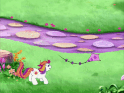 Size: 335x250 | Tagged: safe, screencap, pinkie pie (g3), rainbow dash (g3), sunny daze (g3), pony, dancing in the clouds, g3, animated, banner, gif, kite, scooter sprite