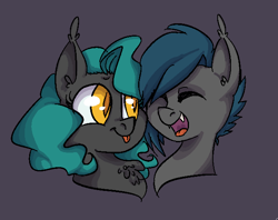 Size: 640x507 | Tagged: safe, artist:whale, oc, oc only, oc:motte, oc:speck, bat pony, pony, :p, chest fluff, cute, eyes closed, fangs, gray background, happy, laughing, open mouth, raspberry, simple background, smiling, tongue out