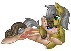 Size: 1120x802 | Tagged: safe, artist:sketchyhowl, oc, oc only, oc:may blossom, oc:quick silver, earth pony, pony, cuddling, female, male, mare, one eye closed, simple background, stallion, transparent background