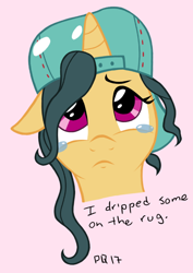 Size: 502x710 | Tagged: artist needed, safe, fresh coat, pony, unicorn, backwards ballcap, baseball cap, bust, cap, dialogue, floppy ears, hat, pink background, portrait, sad, simple background, solo, teary eyes, text