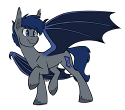 Size: 952x839 | Tagged: safe, artist:bluebrush09, oc, oc only, oc:shift, bat pony, pony, bat ears, bat wings, commission, fangs, simple background, smiling, solo, spread wings, transparent background, walking, wings