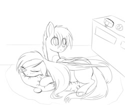 Size: 1024x860 | Tagged: safe, artist:little-sketches, oc, oc only, oc:kurai chinmoku, oc:yeri, bat pony, pegasus, pony, eye clipping through hair, female, male, mare, monochrome, pillow, prone, sketch, sleeping, stallion