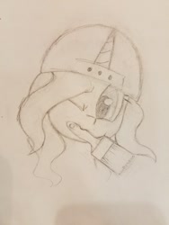 Size: 768x1024 | Tagged: safe, artist:masserey, fresh coat, pony, unicorn, backwards ballcap, baseball cap, bust, cap, female, floppy ears, grayscale, hat, looking at you, mare, monochrome, mouth hold, one eye closed, paintbrush, sketch, solo, traditional art, wink