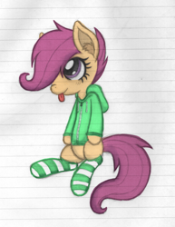 Size: 1372x1774 | Tagged: safe, artist:fallenpeach, scootaloo, clothes, hoodie, lined paper, socks, solo, striped socks, tongue out, traditional art