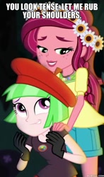 Size: 600x1023 | Tagged: safe, edit, edited screencap, screencap, gloriosa daisy, watermelody, equestria girls, legend of everfree, bedroom eyes, clothes, cropped, duo, duo female, female, gloves, hat, image macro, lidded eyes, meme, shorts