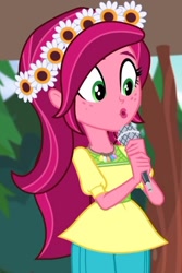 Size: 411x617 | Tagged: safe, screencap, gloriosa daisy, equestria girls, legend of everfree, cropped, cute, daisybetes, microphone, ooh, oooooh, solo