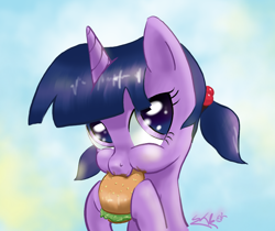 Size: 1192x999 | Tagged: safe, artist:soshyqqq, twilight sparkle, pony, unicorn, burger, female, filly, filly twilight sparkle, food, hay burger, pigtails, solo, that pony sure does love burgers, twilight burgkle, twintails, younger