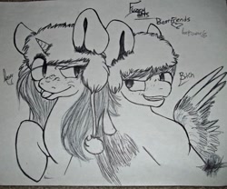 Size: 1024x850 | Tagged: safe, artist:lerainbowturtle, oc, oc only, pegasus, pony, unicorn, photo, traditional art