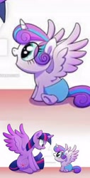 Size: 1494x2938 | Tagged: source needed, safe, princess flurry heart, twilight sparkle, twilight sparkle (alicorn), alicorn, pony, context is for the weak, exploitable meme, meme, needs more jpeg, sitting, spread wings, watermark, wings