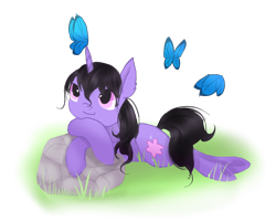 Size: 1280x1024 | Tagged: safe, artist:nutty-stardragon, oc, oc only, oc:blossom star, butterfly, pony, unicorn, female, grass, mare, prone, rock, simple background, smiling, transparent background