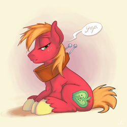 Size: 4800x4800 | Tagged: safe, artist:docwario, big macintosh, earth pony, pony, absurd resolution, bedroom eyes, femboy, looking at you, male, open mouth, sexy, sitting, solo, stallion, stupid sexy big macintosh, yes