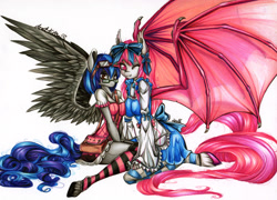 Size: 3300x2380 | Tagged: safe, artist:divinekitten, oc, oc only, oc:blood moon, oc:megabyte, anthro, bat pony, pegasus, unguligrade anthro, anthro oc, clothes, costume, duo, duo female, female, glasses, large wings, smiling, traditional art, unshorn fetlocks