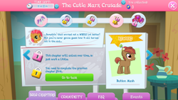 Size: 1136x640 | Tagged: safe, screencap, babs seed, button mash, liza doolots, petunia, shady daze, tootsie flute, pony, cutie mark, female, filly, gameloft, gameloft event: the cutie mark crusade, the cmc's cutie marks