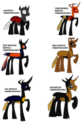 Size: 1773x2562 | Tagged: safe, artist:rexlupin, beetle, changedling, changeling, ladybug, to where and back again, alternate design, brown changeling, dark changedling, ladybug changeling, orange changeling, raised hoof, simple background, text, transparent background