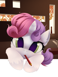 Size: 1000x1333 | Tagged: safe, artist:rainbow, sweetie belle, pony, unicorn, cheek fluff, colored pupils, cute, diasweetes, ear fluff, female, filly, fluffy, looking at you, mouth hold, pencil, pencil in mouth, solo, unshorn fetlocks