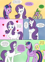 Size: 1000x1366 | Tagged: safe, artist:emilou1985, derpibooru import, fluttershy, rarity, spike, twilight sparkle, twilight sparkle (alicorn), alicorn, dragon, pegasus, pony, unicorn, comic:signs, alternate universe, comic, heart, preggity, pregnant