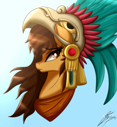 Size: 2350x2546 | Tagged: safe, artist:nexcoyotlgt, oc, oc only, oc:maría teresa de los ponyos paguetti, eagle, pony, aztec, beak, bust, feather, female, headdress, helmet, looking back, mare, mexican, mexico, ponified, simple background, solo, traditional art