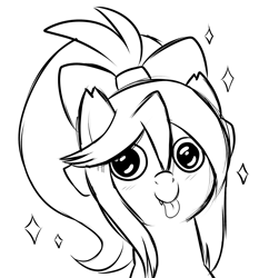 Size: 2234x2397 | Tagged: safe, artist:xwhitedreamsx, oc, oc only, oc:sweet velvet, bat pony, pony, black and white, face of mercy, grayscale, looking at you, money face, monochrome, silly, silly pony, sketch, solo, tongue out