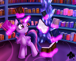 Size: 2600x2100 | Tagged: safe, artist:katakiuchi4u, twilight sparkle, twilight sparkle (alicorn), alicorn, pony, book, cute, female, levitation, magic, mare, raised hoof, shelf, solo, telekinesis, that pony sure does love books, twilight's castle