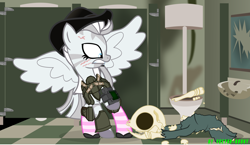 Size: 5264x3058 | Tagged: safe, artist:crystal-eclair, artist:vector-brony, oc, oc only, oc:crystal eclair, zebra, fallout equestria, fallout equestria: influx, armor, bathroom, bone, clothes, dead, fanfic art, scared, skeleton, socks, solo, striped socks, terminator, vector, wings, zebrasus