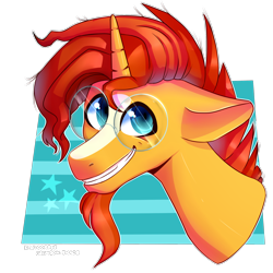 Size: 2000x2000 | Tagged: safe, artist:plnetfawn, sunburst, pony, unicorn, collaboration, abstract background, bust, male, portrait, simple background, smiling, solo, stallion, transparent background