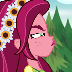 Size: 720x720 | Tagged: safe, screencap, gloriosa daisy, equestria girls, legend of everfree, cropped, flower, flower in hair, glare, solo, tree