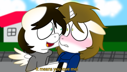 Size: 1600x900 | Tagged: safe, artist:saveraedae, hug, ponified, shipping fuel, subtitles, the mark side