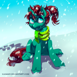 Size: 1000x1005 | Tagged: safe, artist:ka-samy, oc, oc only, pony, unicorn, clothes, curved horn, female, mare, scarf, snow, solo