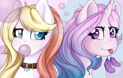 Size: 1280x811 | Tagged: safe, artist:neonblaze909, oc, oc only, oc:angel heart, oc:dream catcher, earth pony, pony, unicorn, bubblegum, duo, female, food, gum, mare, tongue out