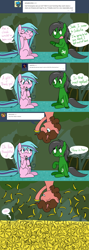 Size: 1280x3606 | Tagged: safe, artist:hummingway, oc, oc only, oc:banana pie, oc:feather hummingway, oc:swirly shells, ask-humming-way, banana, dialogue, food, forest, tumblr, tumblr comic