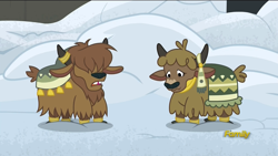 Size: 1920x1080 | Tagged: safe, screencap, pony, yak, not asking for trouble, calf, cloven hooves, discovery family logo, duo, female, horn ring, male, snow, yak calf, yakyakistan