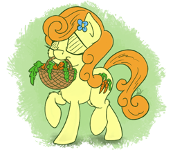 Size: 2459x2160 | Tagged: safe, artist:pirill, carrot top, golden harvest, 30 minute art challenge, basket, carrot, eyes closed, raised hoof, simple background, solo, transparent background, vegetables, walking