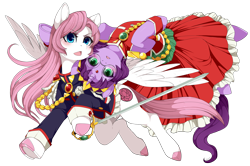 Size: 1950x1293 | Tagged: safe, artist:mr-tiaa, pegasus, pony, unicorn, anime, anthy himemiya, blue eyes, blushing, clothes, crossover, dress, female, glasses, green eyes, lesbian, mare, ponified, rapier, revolutionary girl utena, simple background, sword, transparent background, utena tenjou, weapon