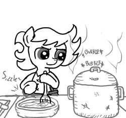 Size: 640x600 | Tagged: safe, artist:ficficponyfic, oc, oc only, oc:ruby rouge, earth pony, pony, child, clothes, colt quest, cooking, cyoa, female, filly, foal, kitchen, knife, monochrome, pot, smiling, solo, spatula, steam, stirring, story included