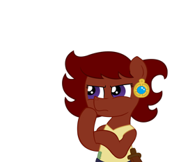 Size: 1500x1406 | Tagged: safe, artist:ficficponyfic, oc, oc only, oc:ruby rouge, earth pony, pony, belt, child, clothes, color, colt quest, cyoa, ear piercing, earring, female, filly, foal, jewelry, knife, piercing, simple background, solo, story included, thinking, transparent background, vector