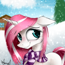 Size: 1600x1600 | Tagged: safe, artist:aurelleah, oc, oc only, oc:aether wake, pony, unicorn, :3, blushing, cheek fluff, clothes, cute, ear fluff, floppy ears, scarf, simple background, smiling, snow, solo, tree, winter