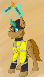 Size: 1580x2717 | Tagged: safe, artist:kamithepony, oc, oc only, pony, unicorn, airport, ground crew, safety, safety vest, solo