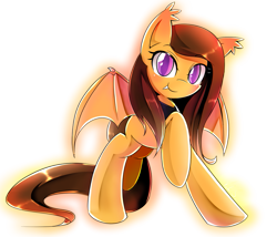 Size: 943x807 | Tagged: safe, artist:banzatou, oc, oc only, oc:foxaura, bat pony, pony, bat pony oc, blushing, commission, female, glow, looking at you, raised hoof, signature, simple background, solo, transparent background