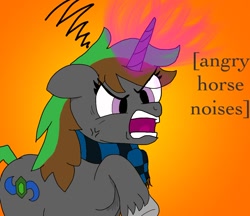 Size: 1050x909 | Tagged: safe, artist:emerald_glow, oc, oc only, pony, unicorn, angry horse noises, clothes, descriptive noise, digital, glowing horn, horse noises, magic, scarf, simple background, solo