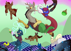 Size: 1280x914 | Tagged: safe, artist:conmanwolf, discord, oc, oc:ecru tether, bat pony, draconequus, pony, unicorn, chaos, cloud, cotton candy, cotton candy cloud, discorded landscape, food, green sky, magic